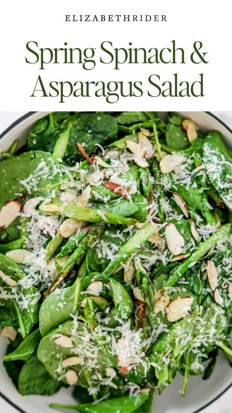 This delicious Spinach & Asparagus Salad is incredibly simple to prepare. Sauté asparagus pieces until the edges are golden, then toss them with spinach, almonds, Parmesan, lemon juice and olive oil. It’s perfect for a quick lunch or a healthy side dish at dinner. Top with roasted chicken or salmon to make turn it into a main dish you'll love. This recipe makes 4 large or 8 side servings. Scale as needed. Sauté Asparagus, Asparagus Salad Recipe, Spinach Side Dish, Saute Asparagus, Parmesan Salad, Feta Salad Recipe, Lemon Salad, Green Salad Recipes, Healthy Side Dish