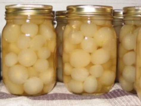 These silver skin onions are supberb when finished. It does take time if you can do it and you will be rewarded. This recipe was given to me by my mother over 40 years ago. It takes 7 days of a short time each day to achieve great results. Pickled Silverskin Onions, Pickle Shrimp, Pickled Pearl Onions Recipe, Pearl Onion Recipe, Canned Recipes, Onions Recipes, Pickled Things, Pickled Recipes, Pickle Onions Recipe