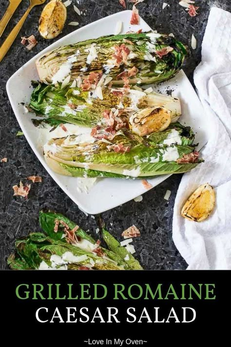 This grilled romaine ceasar salad is dressed to impress your guests this summer! Grilled romaine hearts with an easy caesar salad dressing makes the perfect side or main dish! // grilled romaine Caesar salad // summer Caesar salad // grilled wedge salad Grilled Ceasar Salad, Romaine Caesar Salad, Asian Crunch Salad, Grilled Romaine Hearts, Easy Caesar Salad Dressing, Grilled Romaine Lettuce, Romaine Hearts, Grilled Romaine Salad, Greek Chickpea Salad