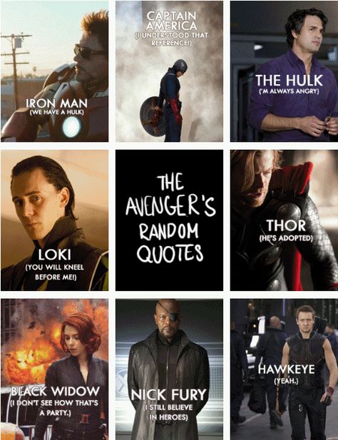 Avengers random quotes. Haha! Hawkeye and Black Widow! Iconic Marvel Quotes Funny, Original Avengers, 5 Guys, Superhero Quotes, Secret Invasion, Loki Quotes, We Have A Hulk, Avengers Quotes, Avengers Movie