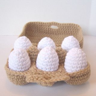 Half dozen crocheted eggs by craftyanna, via Flickr Crochet Velcro Food, Easy Crochet Food Patterns, Crochet Egg Carton Free Pattern, Easy Crochet Food, Crochet Food Pattern Free, Crochet Play Food Free Pattern, Crochet Food Free Patterns, Crocheted Eggs, Crochet Cheese