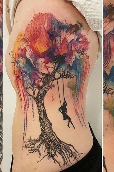 Small Tattoos Arm, Half Sleeve Tattoos Color, Watercolor Tattoo Tree, Willow Tree Tattoos, Girl Back Tattoos, Kunst Tattoos, Tattoos For Women Half Sleeve, Back Tattoos For Guys, Tattoo Women