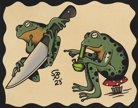 #frog #tattoo #tattooideas #tattooart #americantraditionaltattoos #knife #bongrips Frog With Knife Tattoo, Trippy Frog Tattoo Ideas, Traditional Frog Tattoo Flash, Frog Traditonal Tattoo, Neo Traditional Frog, Coqui Frog Tattoo, American Traditional Frog Tattoo, Traditional Frog Tattoo, Banjo Frog