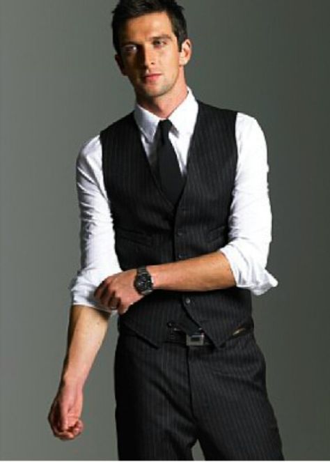 Rolled up sleeves and vest. Yes, perfect! Rolled Up Sleeves, Suit Pin, Future Mrs, Pinstripe Suit, Groom Outfit, Business Outfit, Suit Vest, Roll Up Sleeves, Gentleman Style