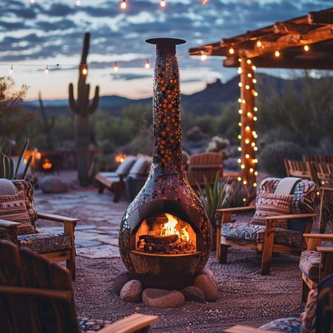 Serene outdoor patio with chiminea, string lights, and inviting chairs, nestled among desert flora, ideal for peaceful nights under the stars. Backyard Chiminea Ideas Patio, Chiminea Ideas Outdoor Spaces, Chiminea Ideas, Chimnea Outdoor, Clay Chiminea, Patio Retreat, Night Under The Stars, Desert House, Peaceful Night