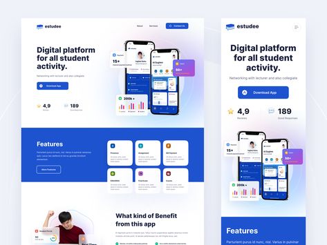 Exploration : ESTUDEE Student App Landing Page by Triyandi Saputra App Website Design Landing Pages, App Landing Page Design Inspiration, Landing Page App Design, Poster Design App, App Landing Page Design, App Website Design, Student App, Mobile App Landing Page, Landing Page Ui Design