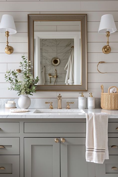 42 Timeless Modern Farmhouse Bathroom Design Ideas Neutral Classic Bathroom, Colonial House Bathroom, Modern Farmhouse Bathroom Vanities, Light Bathroom Tiles, Master Bathrooms 2024 Trends Farmhouse, French Country Master Bath, Timeless Master Bath, Neutral Bathroom Decor Ideas, Timeless Modern Farmhouse