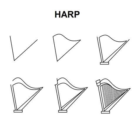 Step-by-Step tutorial for a harp. Harp Drawing Easy, Harp Logo Design, Harp Drawing, Harp Instrument Drawing, Harp Reference, Lap Harp Music Sheets Printable, Small Music Tattoos, Small Harp Aesthetic, Musical Instruments Drawing