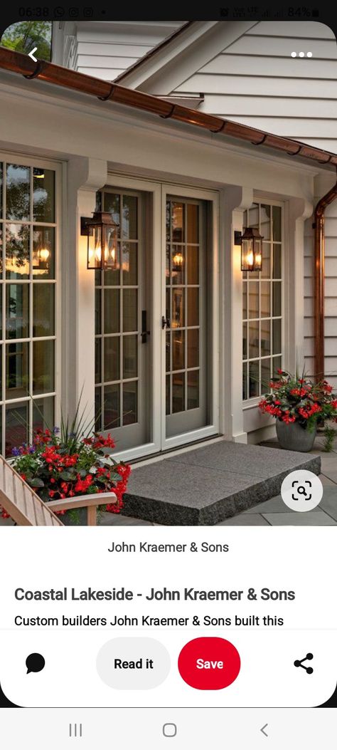 French Doors Exterior, Transitional Decor Living Room, Sunroom Designs, Transitional Decor Kitchen, French Doors Patio, Wood Accent, Front Entrance, Porch Design, Traditional Living