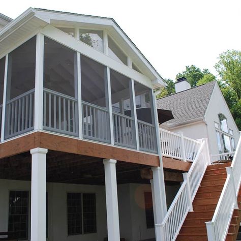 Archadeck Outdoor Living specializes in custom screened-in porch designs and no two of our projects are alike. We strive to make new porches look like they’ve always been a part of your property, like this elevated screened porch, deck and stairs project. Whether you want an attached porch in your backyard or a stand-alone porch on the deck or near the pool, we’ll work with you to help you decide what best matches your home and your budget. Budget Beach House, Screened In Porch Ideas, Traditional Porch, Porch Design Ideas, Three Season Porch, Screened Porch Designs, Screened In Deck, Fulton Street, Screen House