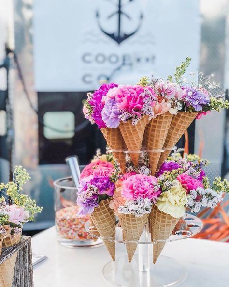 Nicole Troncone on Instagram: “National Ice Cream Day Fun! 🌸🍦 @n.t._designs @cooperbluff @elitetentpartyrental @three.feathers #florist #customdesigner #inthedetails…” Ice Cream Sundae Flower Arrangement, Ice Cream Cone Flowers, Flowers In Ice Cream Cones, Elegant Ice Cream Party, Flower Ice Cream Cone, Ice Cream Dessert Table, Ice Cream Cone Flower Arrangements, Ice Cream Floral Arrangement, Shes Been Scooped Up Centerpieces