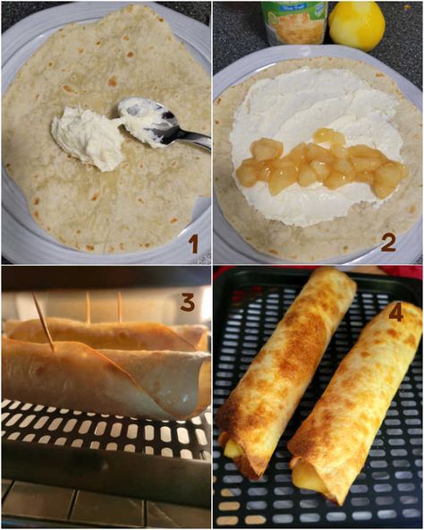 Apple Tortilla Dessert Air Fryer, Apple Pie Roll Ups Tortilla, Apple Tortilla Roll Ups, Apple Pie Filling Flour Tortilla, Air Fryer Apple Pie, Tortilla Dessert, Daily Yum, Soft Tortillas, Simple Treats