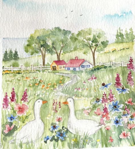 Spring Cards Ideas, Watercolour Meadow, Spring Drawings, Spring Doodles, Soothing Art, Watercolor Meadow, Watercolor Wall Decor, Miniature Watercolor, Spring Watercolor