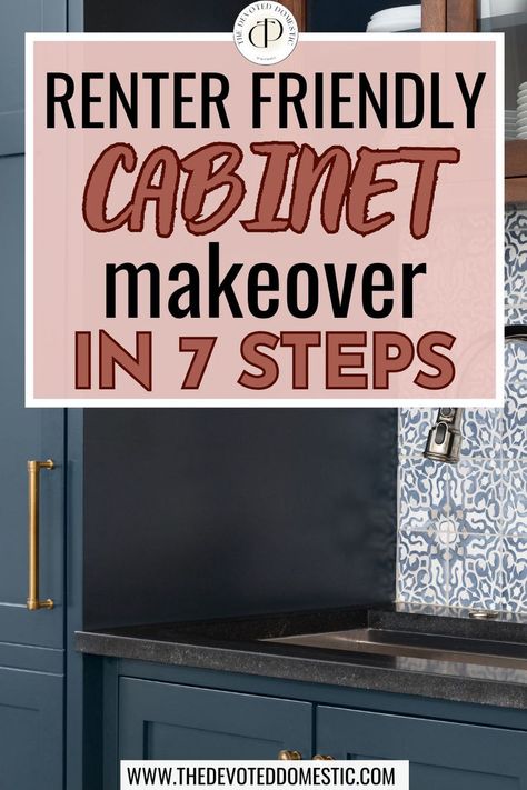 Make those old, nasty kitchen cabinets look fresh & modern, using these 7 easily reversible ideas for renter friendly cabinet makeover! Restore Cabinets Kitchens, Modernize Old Kitchen Cabinets, Cabinet Makeover For Renters, Kitchen Diy Upgrades, No Paint Kitchen Cabinet Makeover, Temporary Cabinet Cover, Kitchen Top Cabinets Ideas, Removable Wallpaper Kitchen Cabinets, Apartment Friendly Cabinet Makeover