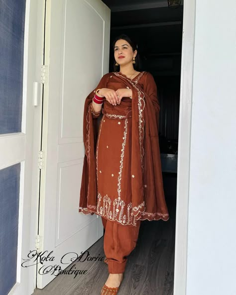 Brown suit / traditional punjabi suit Rust Color Punjabi Suits Women, Rust Color Punjabi Suit, Rust Colour Suit Punjabi, Brown Punjabi Suit, Punjabi Suit Colour, Brown Salwar Suit, Brown Suit Women's, Panjabi Suit Salwar, New Punjabi Suits