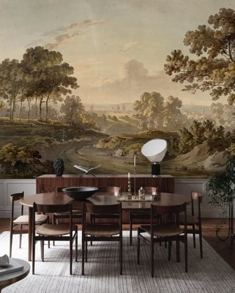 English Countryside Wall Art, Antique Oil Painting Landscape Mural Wallpaper Peel and Stick, Vintage Large Panoramic Wall Print 210 - Etsy Wallmurals Interiors, Landscape Mural Wallpaper, Dining Room Mural, Countryside Wallpaper, Landscape Mural, Wall Murals Painted, Antique Oil Painting, Wallpaper Peel And Stick, Dining Room Inspiration