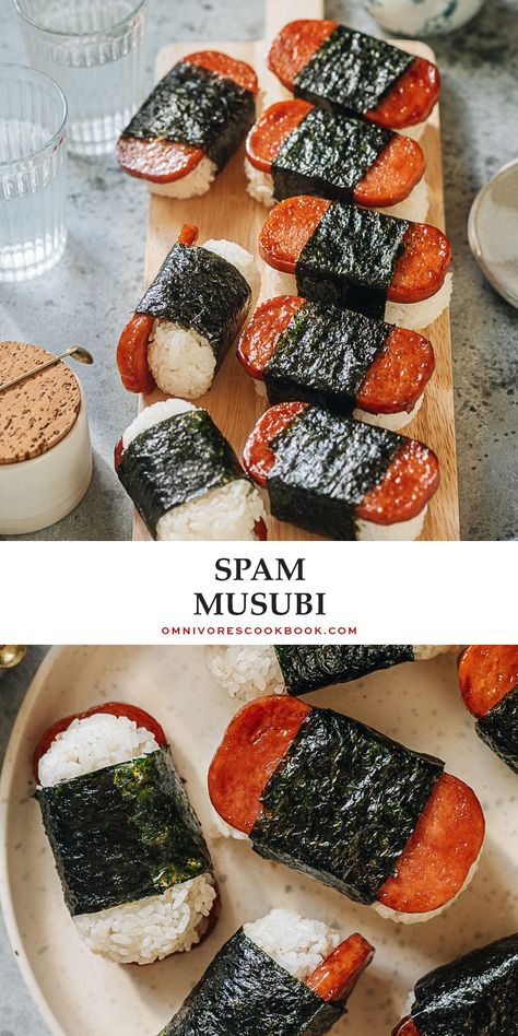 The spam is grilled until crispy, perfectly caramelized with soy sauce and sugar, and wrapped together with sushi rice. Made ahead of time, these Spam musubi are perfect for your lunchbox, appetizer platter, or potluck. They are also a fantastic game-day snack. This recipe uses just the right amount of seasoning to create a balanced flavor that’s addictively tasty. Asian Potluck, Spam Musubi Recipe, Musubi Recipe, Spam Recipes, Appetizer Platter, Spam Musubi, Hawaiian Dishes, Appetizer Platters, Easy Chinese Recipes