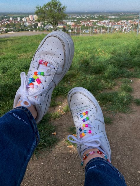 Airforce 1 lace with pearls and beats #lace #airforce1 #nike #pearls #colorful #aesthetic #fun #young #vintage Shoes With Beads On Laces, Beaded Laces On Shoes, Beaded Shoe Laces, Beads On Shoes, Air Force 1 Aesthetic, Lace With Pearls, Custom Af1, Custom Shoes Diy, Beaded Shoes