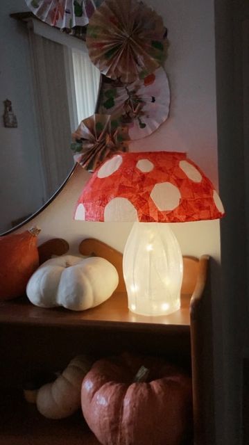 Laura Prietto on Instagram: "Made a second lantern for yesterday’s Martinmas parade which can double as a mushroom lamp 🍄✨ Materials: Orange juice container Salad bowl Crepe paper Mod podge glue Fairy lights Design inspired by @hej.puenktchen ✨ . . . #diylantern #martinmas #waldorfinspired #sustainablecrafts #recyclemeplay #ministylemag #homeschooldailyapple #fantasyhasreallynolimits #fantasticfungi #flyagaric #toadstool #mushroomlamp" Crepe Paper Lamp, Mushroom Lamp Diy, Diy Mushroom Lamp, Fairy Lights Design, Juice Container, Dream Dorm, Lights Design, Baby Planning, Diy Lanterns