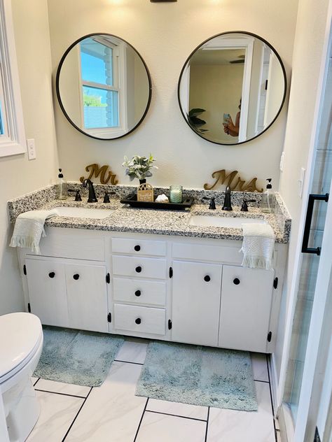 His And Her Bathroom Sink Ideas, His And Hers Bathroom Sink Decor, Restroom Decor Ideas Two Sink, Simple Bathroom Sink Decor, Small His And Hers Sink, His And Her Restroom Ideas, His Hers Sink, Bathroom Decor For Double Sink, Husband And Wife Bathroom Ideas