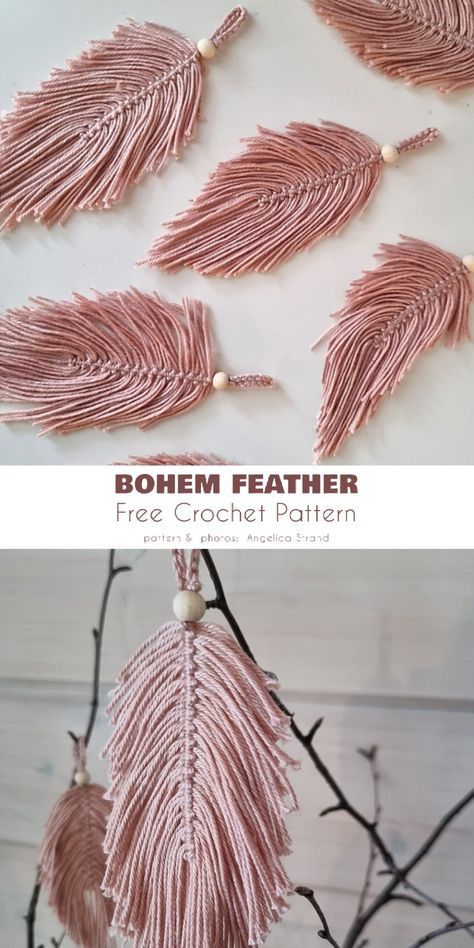 Feather Crochet Pattern Free, Feather And Fan Crochet Pattern Free, Macrame Feather Pattern, Dreamcatcher Crochet Pattern Free, Boho Amigurumi, Crochet Feather Pattern, Yarn Feathers Diy, Crocheted Feathers, Feather Crochet Pattern