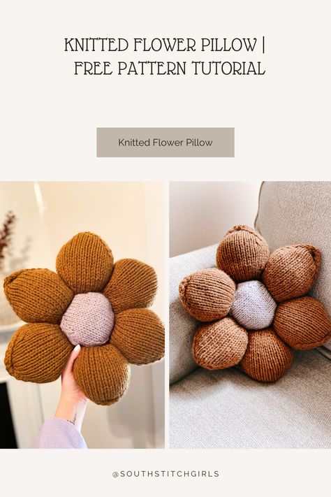 knitted flower pillow free pattern tutorial Knit Flower Pillow, Knitted Flowers Free, Flower Pillow Pattern, Knit Flowers, Knitted Flowers, Flower Pillow, Pattern Tutorial, Knitting Tutorial, Pillow Pattern