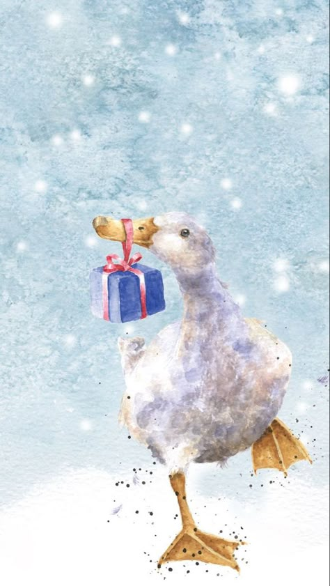 Christmas Duck Painting, Christmas Animals Watercolor, Christmas Goose Illustration, Christmas Duck Wallpaper, Christmas Duck Drawing, Christmas Animal Paintings, Winter Birds Painting, Duck Phone Wallpaper, Christmas Illustration Watercolor