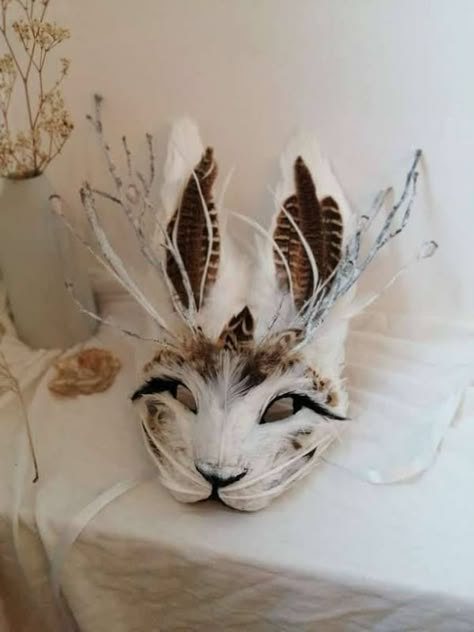 Animal Masquerade Costumes, Rabbit Masquerade Mask, Rabbit Therian Mask, Animal Mask Ideas, Jackalope Costume, Animal Masks Masquerade, Bird Masquerade Mask, Animal Masquerade Mask, Festival Masks