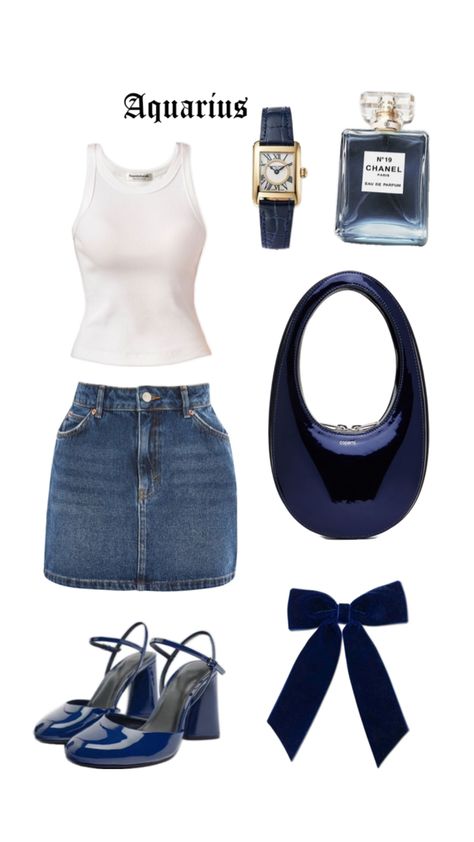 Aquarius Venus, navy blue outfit, daily outfit, denim skirt, navy blue, blue ribbon, Astrology, Venus sign, Venus sign inspired outfit, it girls Outfit Denim Skirt, Venus Sign, Navy Blue Outfit, Aesthetic Types, Outfit Denim, It Girls, Blue Outfit, Blue Ribbon, Daily Outfits