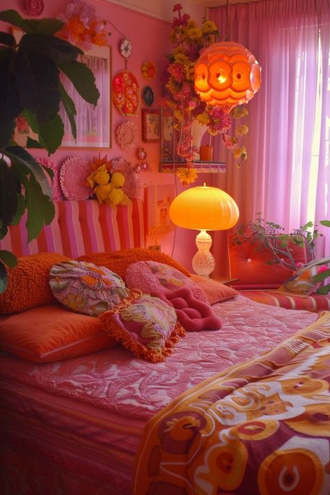 Striking pink bedroom walls for a fresh new look. #Transforming #Embracing #Outdoor #Kitchens #Charm #Eclectic #Oasis #Your #Eclectic #InteriorInspo #an #into #Apartment #HomeIdeas Maximalist Bedroom Lighting, Funky Small Bedroom Ideas, Pink And Green Maximalist Bedroom, Orange And Pink Interior, Cozy Bedroom Colorful, 70 Bedroom Aesthetic, Bright Colour Bedroom, Lisa Frank Aesthetic Room, Maximalist Teen Bedroom