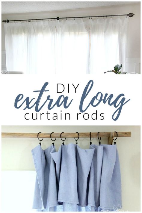 How to DIY your own extra long curtain rods. I've got some completely customizable options to suit any space, no matter what size your windows. Curtain Rod Diy, Extra Long Curtain Rods, Tension Rod Curtains, Pipe Curtain Rods, Small Curtain Rods, Wooden Curtain Rods, Long Curtain Rods, Custom Curtain Rods, Extra Long Curtains