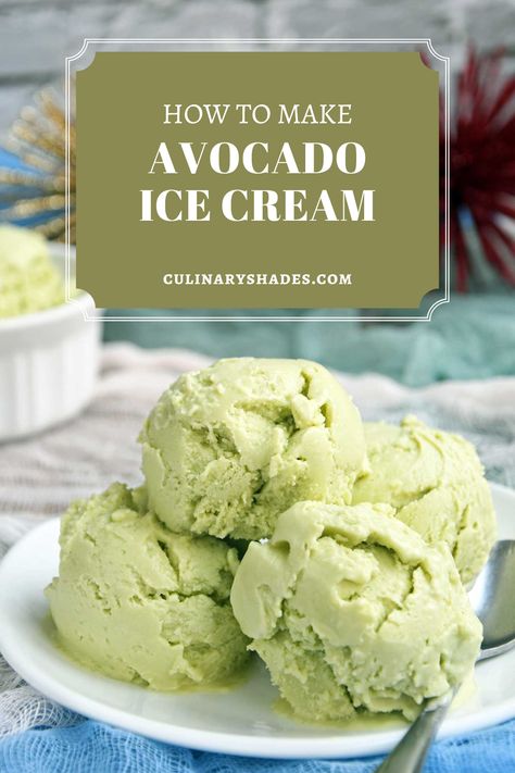 Avocado ice cream is a refreshing treat that's perfect for cooling off on hot summer days. This no egg ice cream is super creamy and smooth with a sweet vanilla taste and a hint of refreshing lemon. Ice Cream Avocado, No Egg Ice Cream Recipe, Egg Ice Cream, Avocado Ice Cream Recipe, Ice Cream Homemade, Organic Ice Cream, Cuisinart Ice Cream Maker, Cuisinart Ice Cream, Avocado Ice Cream