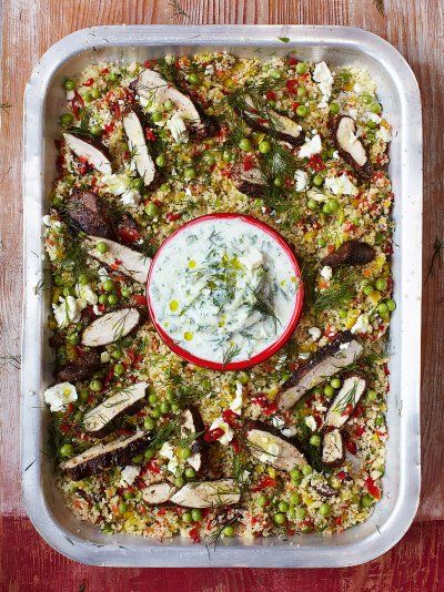 A traditional Greek chicken dish with herby vegetable cous cous and tzatziki; a delicious Greek chicken recipe, try it now. Jamie Oliver 15 Minute Meals, Greek Diet, Vegetable Couscous, Greek Chicken Recipes, Jamie Oliver Recipes, 15 Minute Meals, Greek Chicken, Jamie Oliver, Spicy Chicken