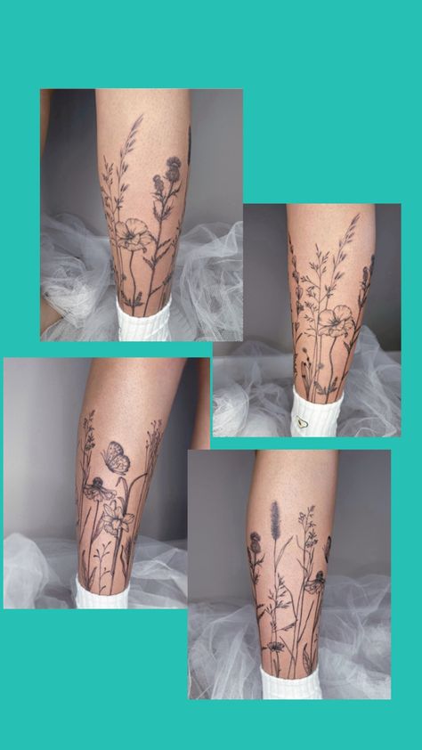 Wildflowers Tattoo, Earthy Tattoos, Tattoo Leg, Wildflower Tattoo, Mushroom Tattoos, Calf Tattoo, Leg Tattoo, Time Tattoos, Leg Tattoos