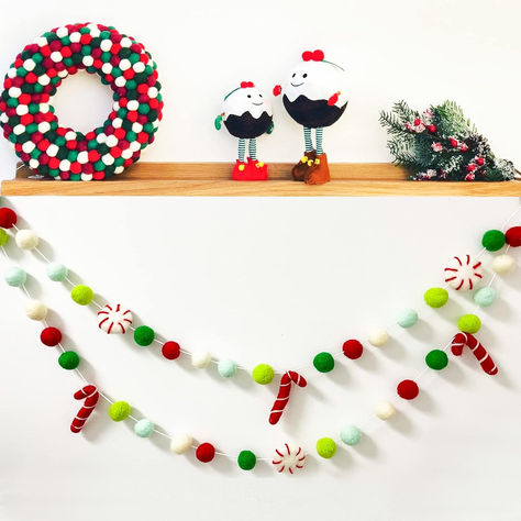 Christmas Felt Ball Garland - Peppermints Candy Cane Pom Pom Garland, Hand-Made from Natural Wool - Cute Hanging Decor for Christmas Tree, Kids Bedroom, Living Room, Nursery Decoration- 6.6 Feet Long Decor For Christmas Tree, Christmas Tree Kids, Peppermint Candy Cane, Living Room Nursery, Pom Garland, Decor For Christmas, Pastel Red, Christmas Felt, Ball Garland