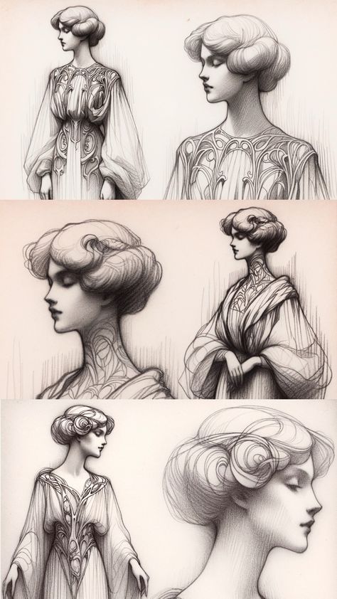 Prompt: Very light pencil/charcoal sketch of a woman on drawing paper in an Art Nouveau style. #aiart #digitalart #artnouveau #sketch Dark Art Nouveau, Art Noveau Sketches, How To Draw Art Nouveau Tutorials, Art Nouveau Hair, Art Nouveau Drawing, Art Nouveau Woman, Art Nouveau Portrait, Art Nouveau Fashion Illustration, Art Nouveau Hair Drawing