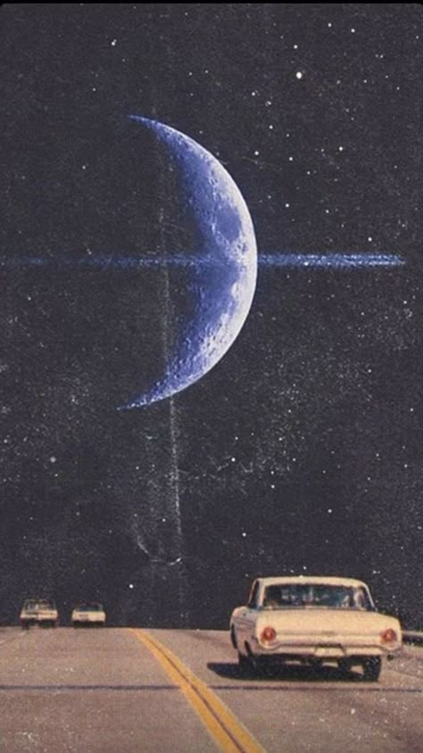 Space Retro Wallpaper, Car In Space Aesthetic, Retro Moon Aesthetic, Cars In Space Aesthetic, Retro Space Background, Retro Space Aesthetic Wallpaper, Retro Space Wallpaper, 60s Art Vintage, Retro Futurism Wallpaper