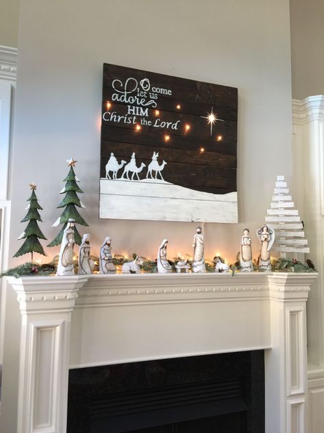 Nativity Mantle Display, Wooden Pallet Signs Diy, Nativity Theme Christmas Decor, Christmas Decor Ideas Nativity, Christian Christmas Decor Diy, Manger Decorations Christmas, Nativity Mantle Decor, Nativity Home Decor, Come Let Us Adore Him Sign