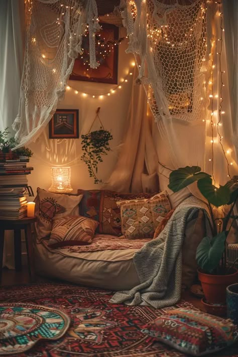 Cosy Room Ideas, Burrow Aesthetic, Cozy Bedroom Corner, Hole Aesthetic, Cozy Reading Space, Sala Zen, Idea Bilik Tidur, Housing Plan, Dark Boho Living Room