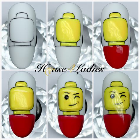 Lego Nail Art Design, Lego Nail Art, Lego Nails Designs, Fortnite Nails, Nails Characters, Character Nail Art Step By Step, Lego Nails, Detailed Nails, Nails Step By Step