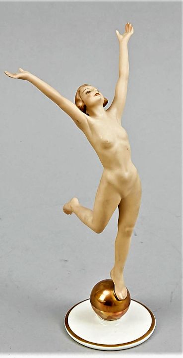 Sunbather, Hutschenreuther, Selb, art department, mark after 1945, designed by Carl Tutter, u. signed, female nude standing on round plinth with arms stretched up, balancing on a ball, polychrome painted, gilded, mm Stretching Arms Up Pose Reference, Stretching Arms Reference, Arms Stretched Out Reference, Arm Stretches, Arm Art, Reference Drawing, Body Reference Drawing, Art Department, Person Sitting