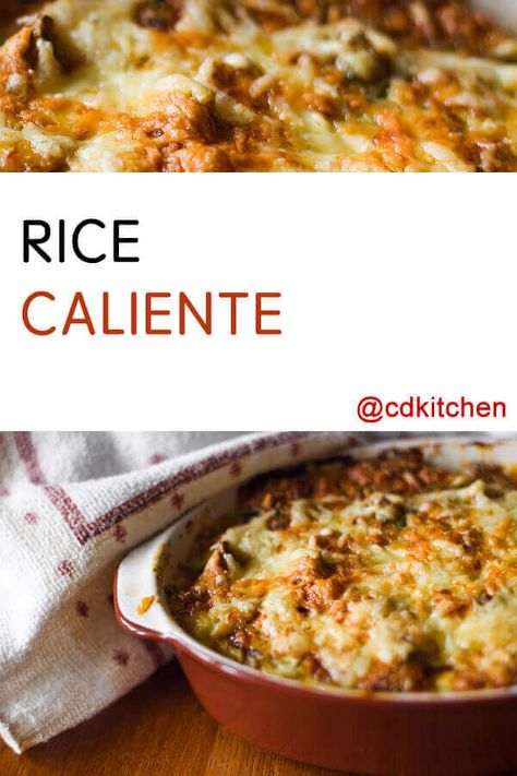 Rice Caliente - This hot rice is tasty and versatile. Scoop up the beefy, cheesy rice mixture with tortilla chips, eat it with a fork, or load it up into crunchy taco shells. Made with ground beef, onion, garlic salt, salt, diced tomatoes and green chilies, rice, sour cream, Monterey Jack cheese | CDKitchen.com Cheesy Mexican Rice, Crunchy Taco Shells, Cheesy Rice, Taco Shells, Beef And Rice, Diced Tomatoes, Monterey Jack, Monterey Jack Cheese, Garlic Salt