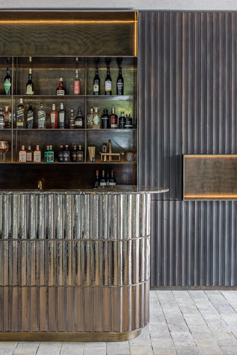 Swanky Bar Design, Kelly Wearstler Bar, Modern Industrial Bar, Moody Bar, Navy Bar, Cafe Bar Design, French Bar, Bar Counter Design, Charcoal Bar