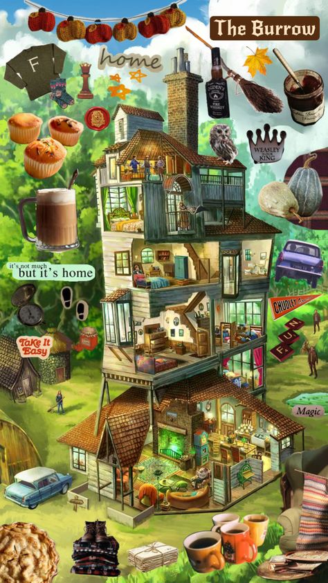 The Burrow Layout, Weasley House The Burrow, Weasleys House, The Burrow Aesthetic, Weasley Burrow, The Burrow Harry Potter, Weasley Family, After All This Time Always, Fantasy Wallpaper