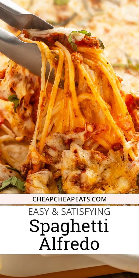 Rich and layered with tons of flavor, this baked pasta layers an easy homemade Alfredo sauce with tomato sauce and ground meat or sausage for a dinner recipe the entire family will love. Spaghetti Alfredo Bake, Raos Sauce, Meat Tomato Sauce, Easy Homemade Alfredo, Spaghetti Alfredo, Sausage Mozzarella, Jarred Alfredo Sauce, Shred 10, Eat On A Budget