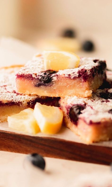 A blueberry lemon bar stacked. Blueberry Lemon Bars, Lemon Blueberry Bars, Blueberry Buttermilk Pancakes, Banana Blueberry Muffins, Lemon Squares, Summer Baking, Summer Cookouts, Lemon Bars, Easter Dinner