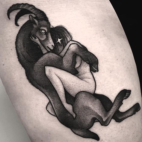 Black Phillip Goat, Blackwork Goat Tattoo, Kawaii Baphomet Tattoo, Baphomet Back Tattoo, The Vvitch Tattoo, Black Philip Tattoo, Cult Of The Lamb Tattoo, Baphomet Tattoo Design, Black Phillip Tattoo