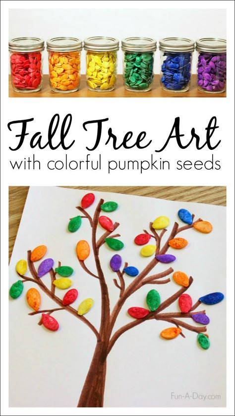 Fall tree art for kids using colorful pumpkin seeds Pumpkin Seed Art, Tree Art For Kids, Fall Tree Art, Seed Art, Fall Art Projects, Fall Tree, Fall Preschool, Pumpkin Seed, Fall Art