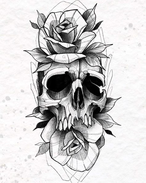 Arte Hippy, Skull Tattoo Flowers, Skull Rose Tattoos, Neo Tattoo, Skull Sleeve Tattoos, Skull Art Drawing, Creepy Tattoos, Tattoo Stencil Outline, Tattoo Style Drawings