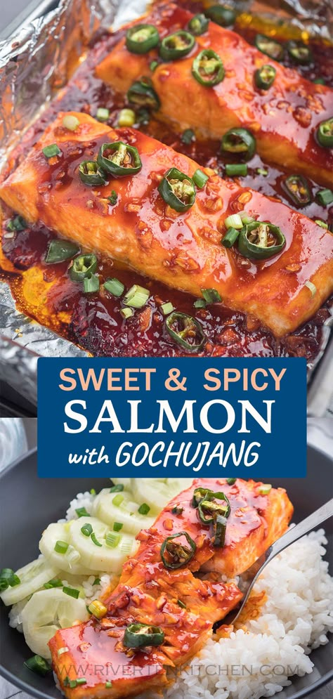 Baked sweet and spicy salmon with Korean glaze sauce Salmon With Gochujang, Salmon Bulgogi Recipe, Sweet And Spicy Salmon Marinade, Spicy Mango Glazed Salmon, Spicy Asian Salmon, Spicy Glazed Salmon, Sweet And Spicy Glaze, Yum Yum Sauce Salmon, Salmon Korean Recipe